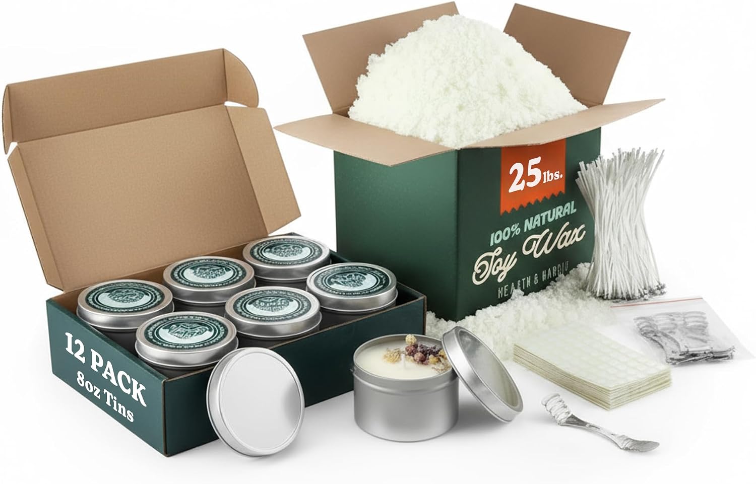 Candle Making Supplies Jars - 25 ปอนด์ เทียนไขถั่วเหลืองพร้อมอุปกรณ์ 8 ออนซ์ ชุดกระป๋องดีบุก